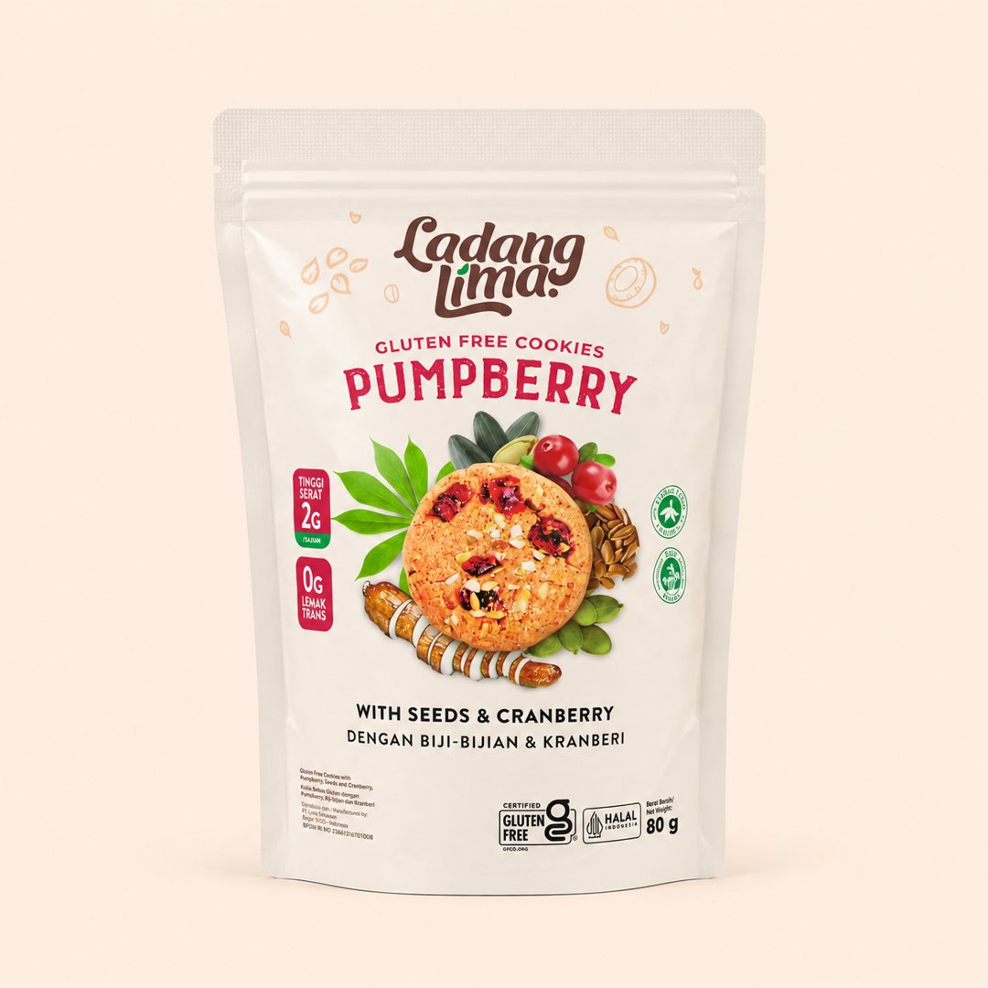 Cover produk Ladang Lima Pumpberry Gluten Free Cookies 80g dengan latar krem
