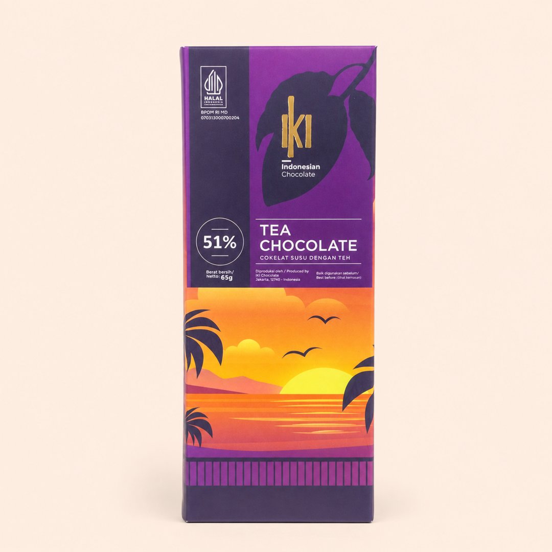 Cover produk IKI Indonesian Tea Chocolate 51% Milk Chocolate with Tea 65g dengan latar krem
