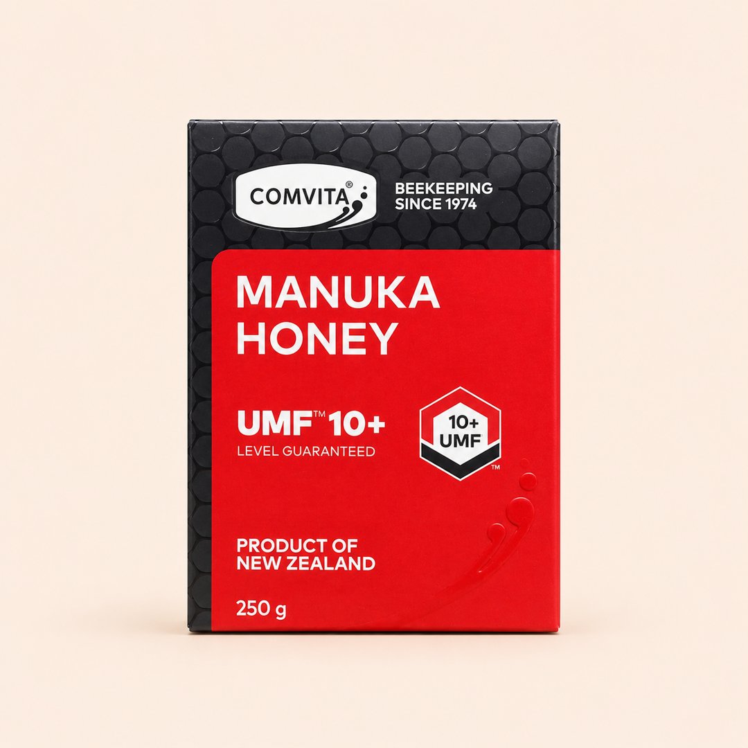 Cover produk Comvita Manuka Honey UMF 10+ Original New Zealand 250g dengan latar krem
