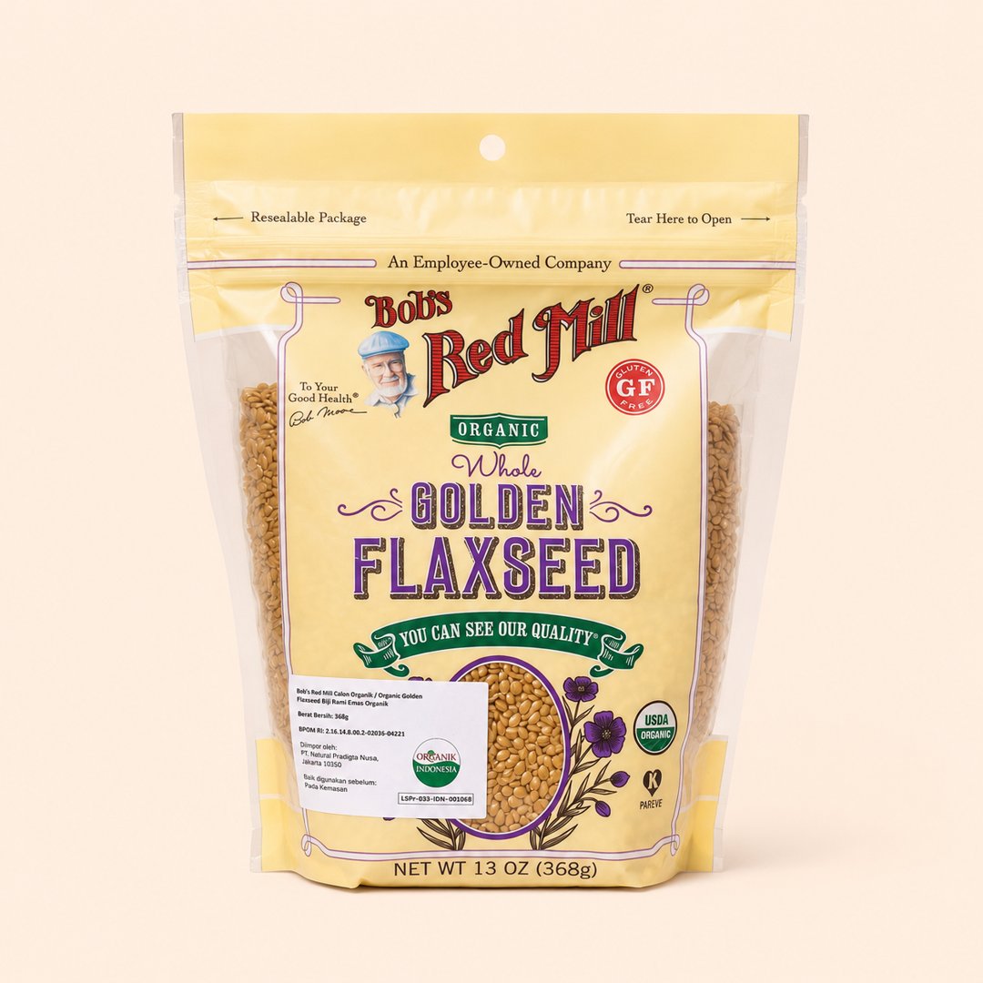 Cover produk Bob's Red Mill Organic Whole Golden Flaxseed 368g dengan latar krem