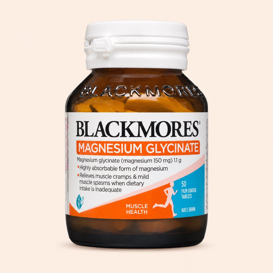Cover produk Blackmores Magnesium Glycinate 50 Tablets dengan latar krem