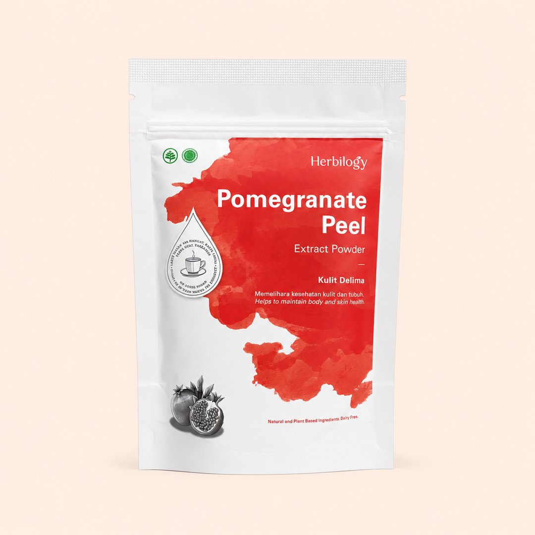Cover produk Herbilogy Pomegranate Peel Extract Powder 100g dengan latar krem