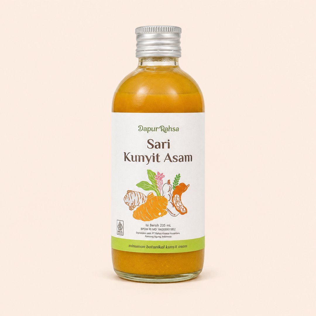 Cover produk Sari Kunyit Asam Rahsa Nusantara 235ml - Minuman Botanikal Premium dengan latar krem