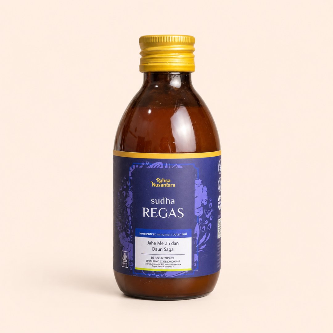 Cover produk Rahsa Nusantara Sudha Regas - Konsentrat Jahe Merah & Daun Saga 200ml dengan latar krem
