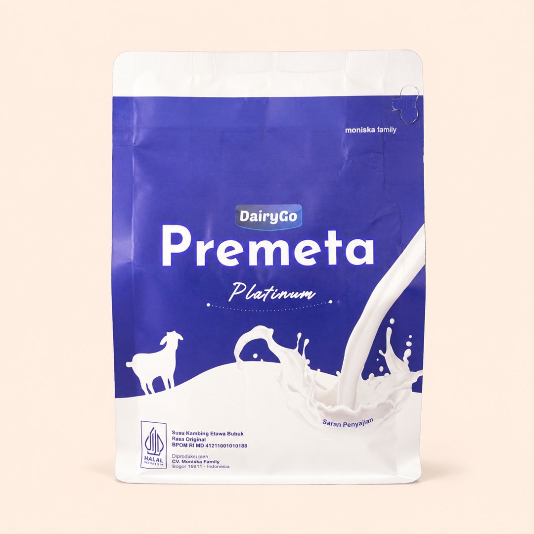 Cover produk DairyGo Premeta Platinum Susu Kambing Etawa Original 500g dengan latar krem