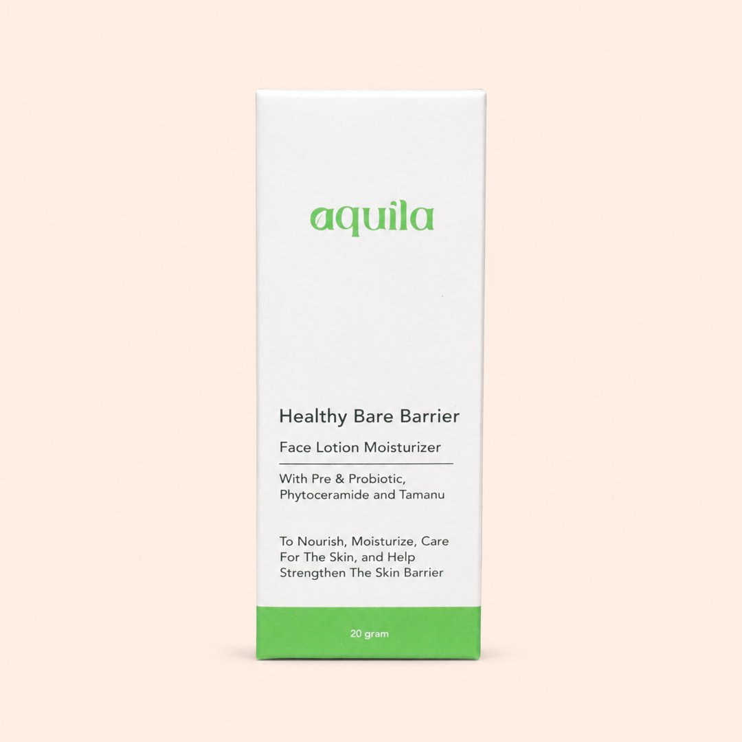 Cover produk Aquila Healthy Bare Barrier Face Lotion Moisturizer 20gr dengan latar krem