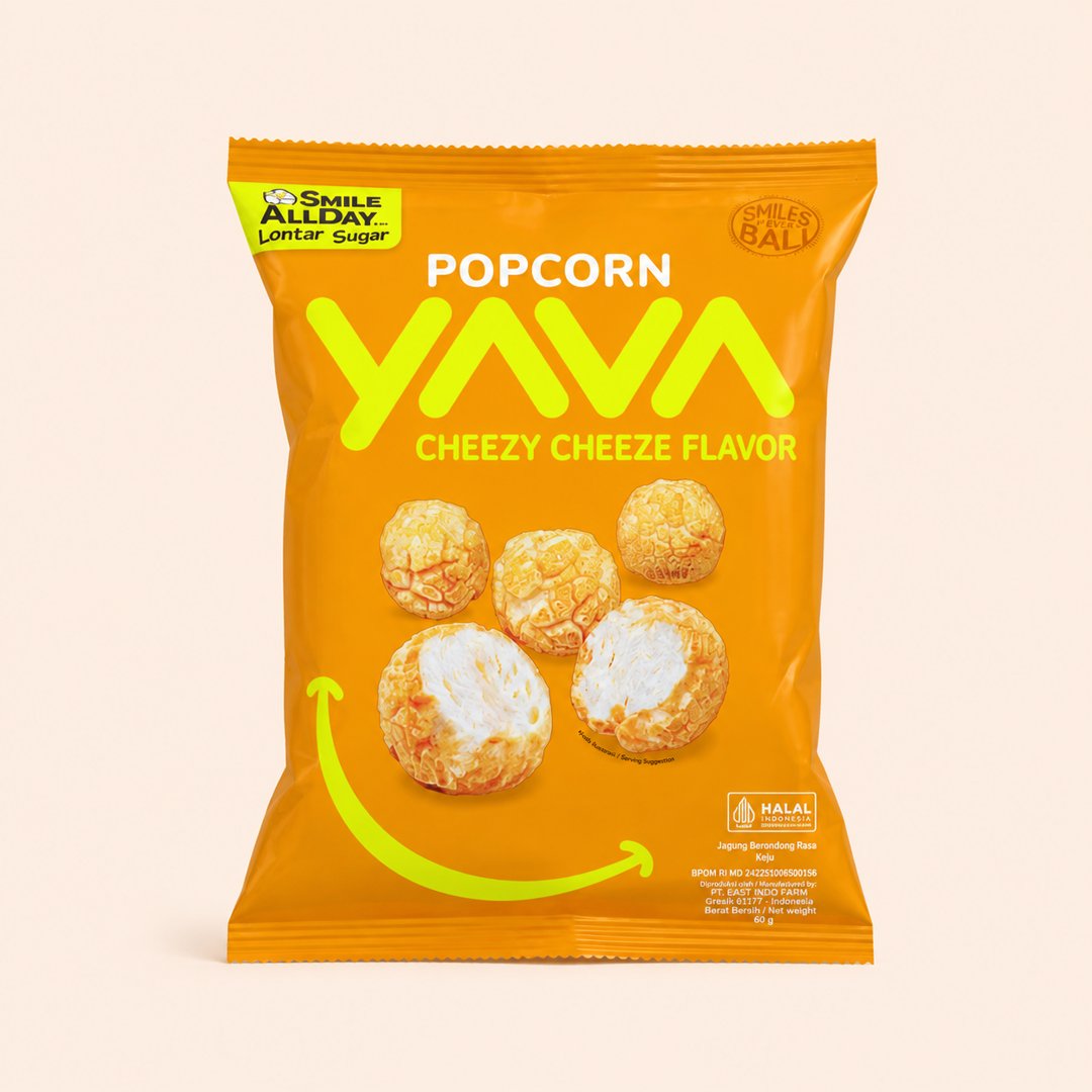 Cover produk Yava Popcorn Cheezy Cheeze with Lontar Sugar 60g dengan latar krem