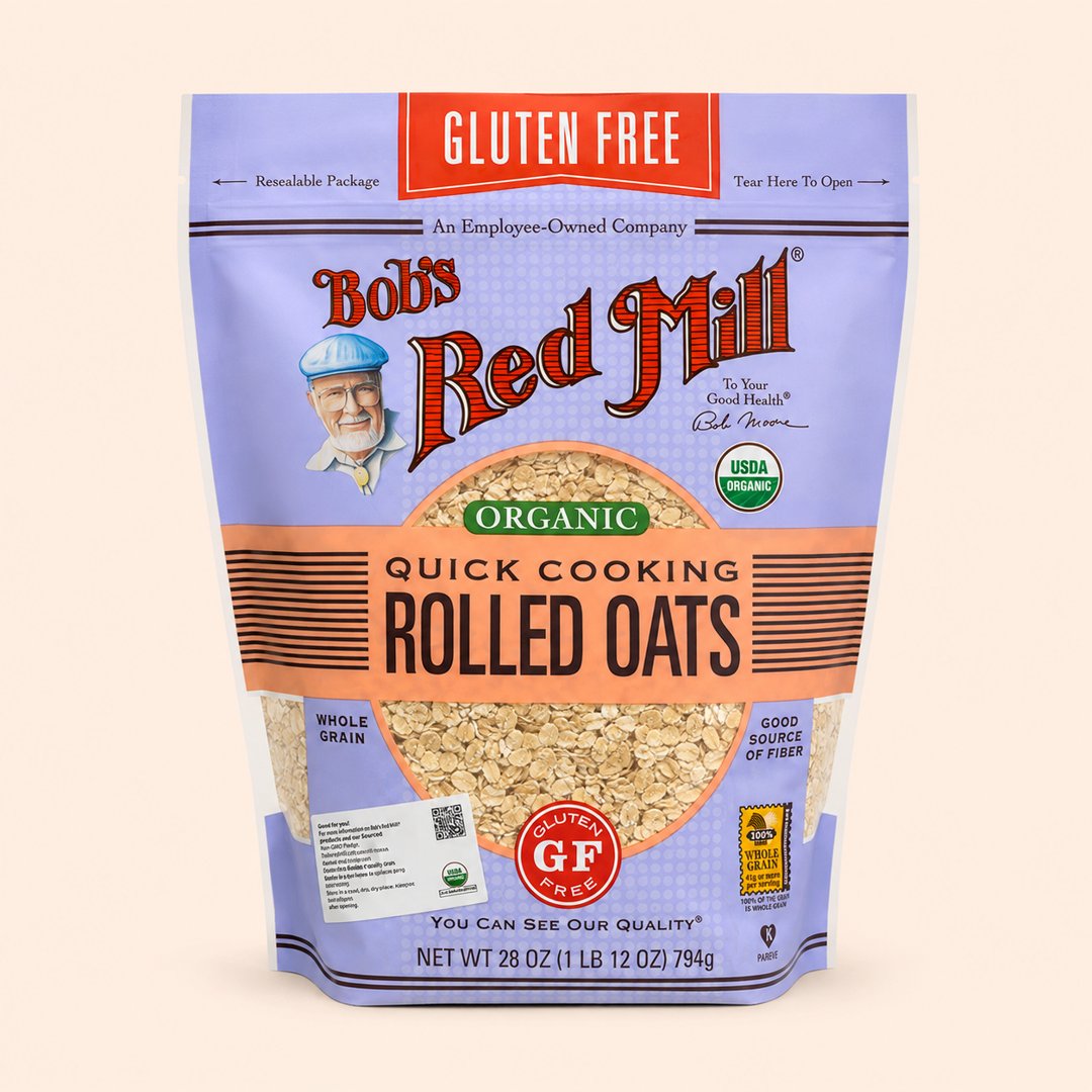 Cover produk Bob's Red Mill Gluten Free Organic Quick Cooking Rolled Oats 794g dengan latar krem
