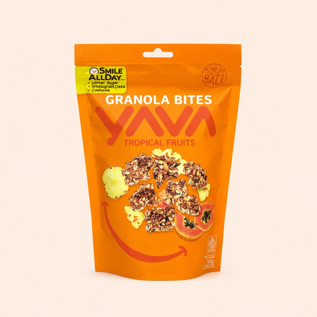 Cover produk Yava Granola Bites Tropical Fruits 125g - Camilan Sehat Bali dengan latar krem