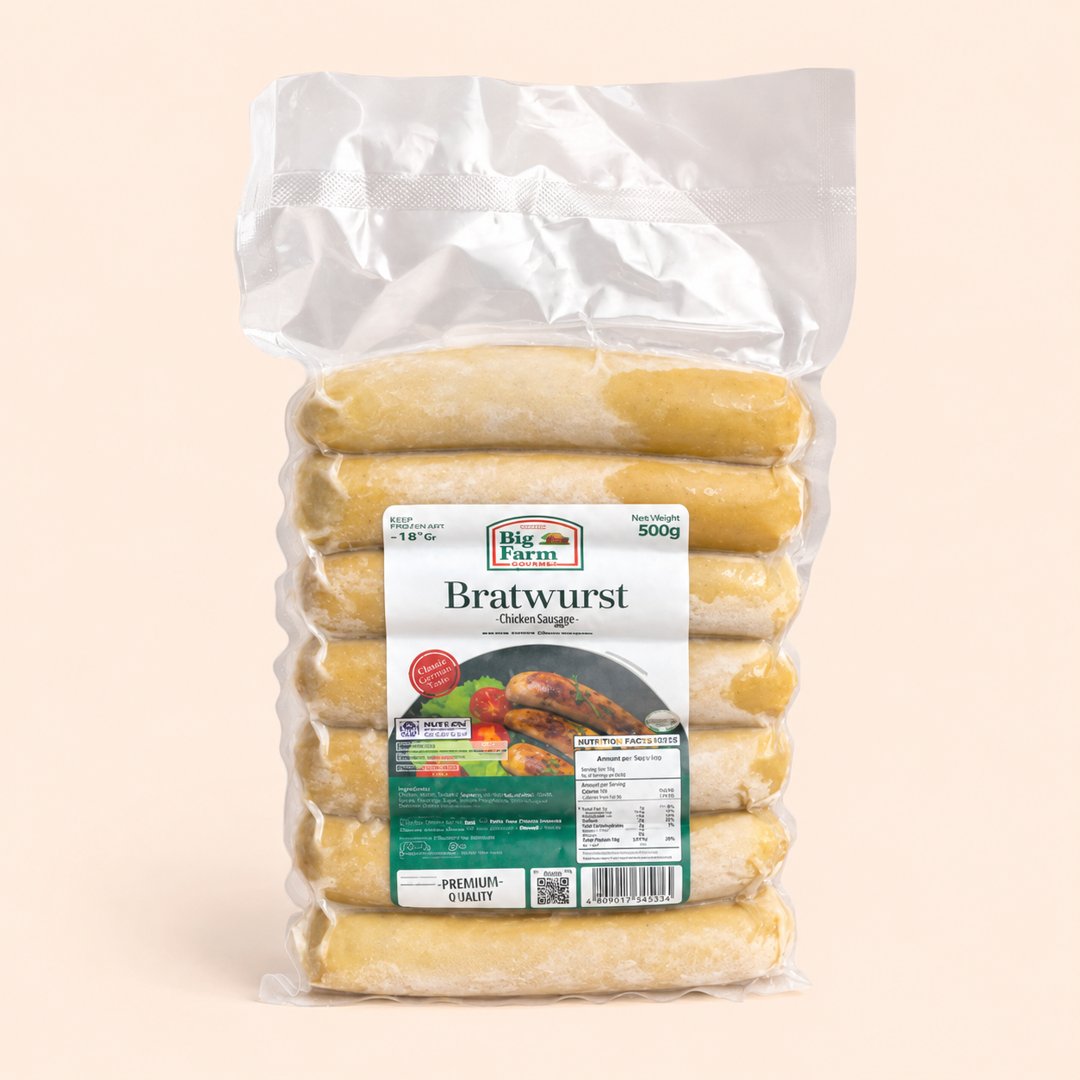 Cover produk Big Farm Gourmet Bratwurst Chicken Sausage 500g dengan latar krem