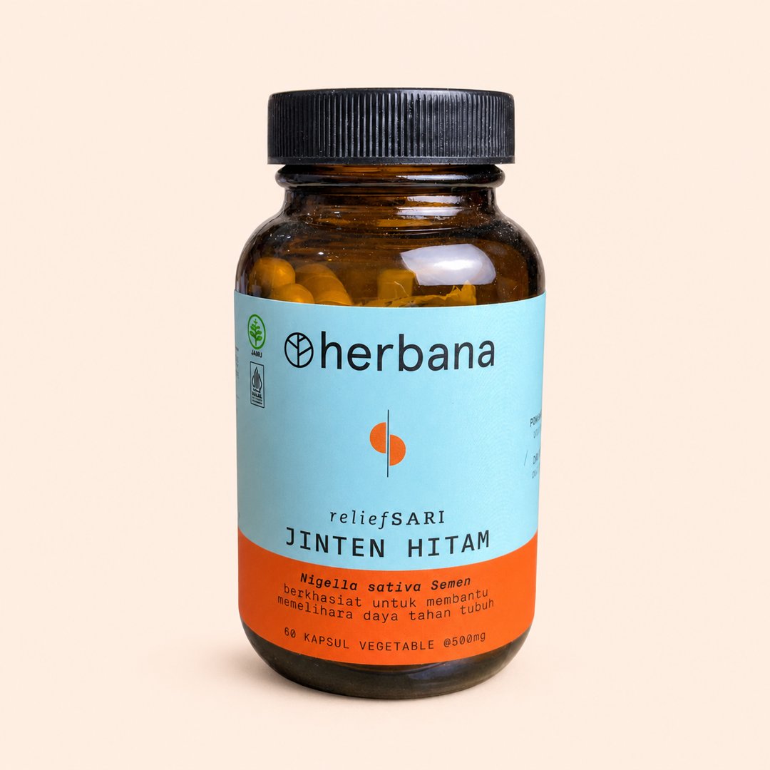 Cover produk Herbana Relief Sari Jinten Hitam - 60 Kapsul Vegetable dengan latar krem
