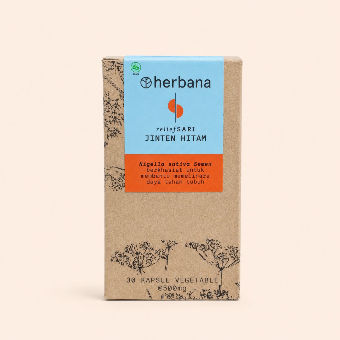 Cover produk Herbana Relief Sari Jinten Hitam (Black Seed) - 30 Kapsul dengan latar krem