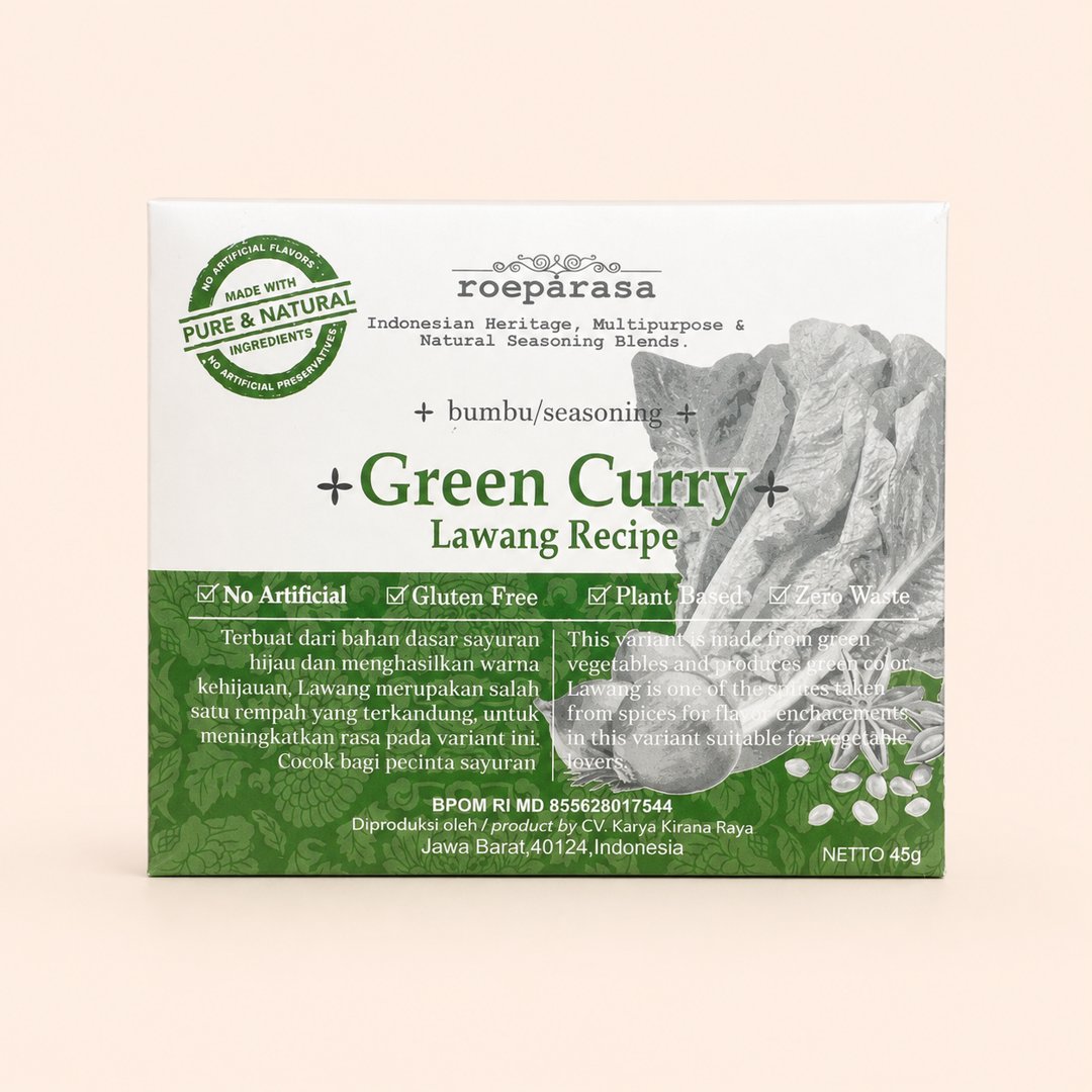 Cover produk Roeparasa Bumbu Green Curry Lawang Recipe 45g dengan latar krem