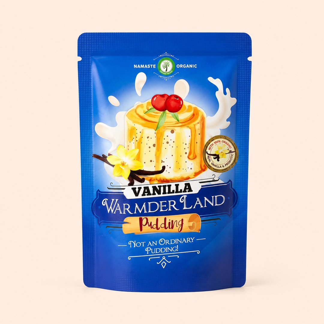 Cover produk Namaste Organic Warmderland Pudding Vanilla 34g dengan latar krem