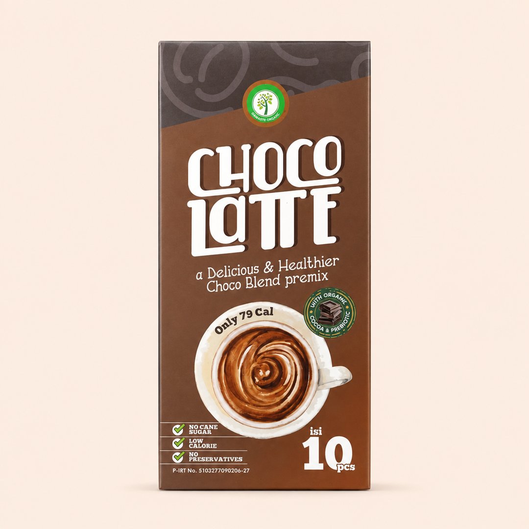 Cover produk Namaste Organic Choco Latte - Premix Coklat Sehat & Rendah Kalori (10 Sachet) dengan latar krem