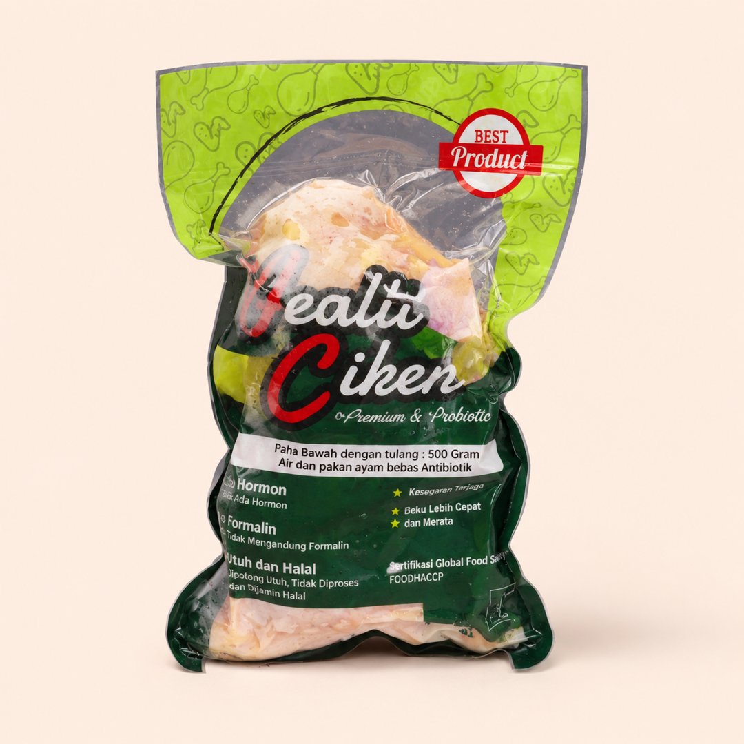 Cover produk Paha Bawah Ayam Sehat Healti Ciken (Premium & Probiotic) dengan latar krem