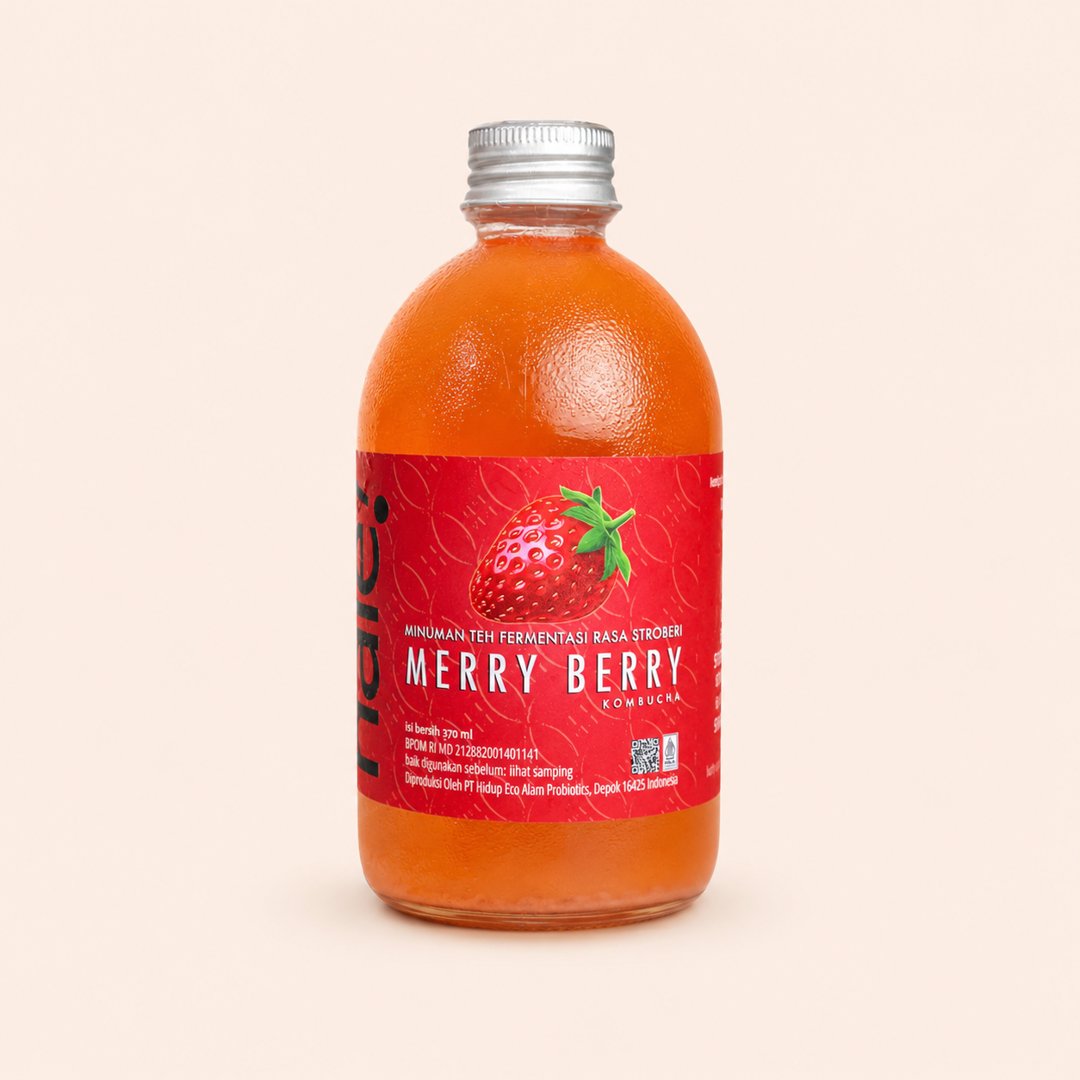 Cover produk Heal Probiotic Kombucha Merry Berry - Berry Kisses 370ml dengan latar krem