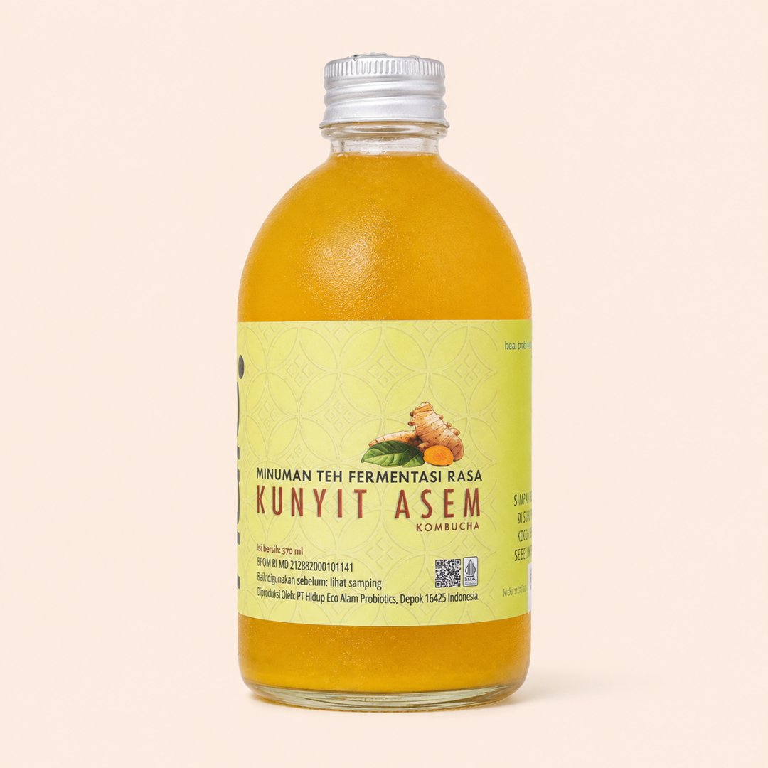 Cover produk Heal Probiotic Kombucha Kunyit Asam 370ml dengan latar krem
