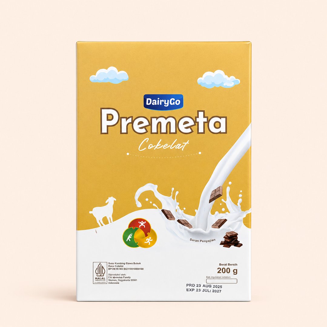 Cover produk DairyGo Premeta Susu Kambing Etawa Bubuk Rasa Cokelat 200g dengan latar krem