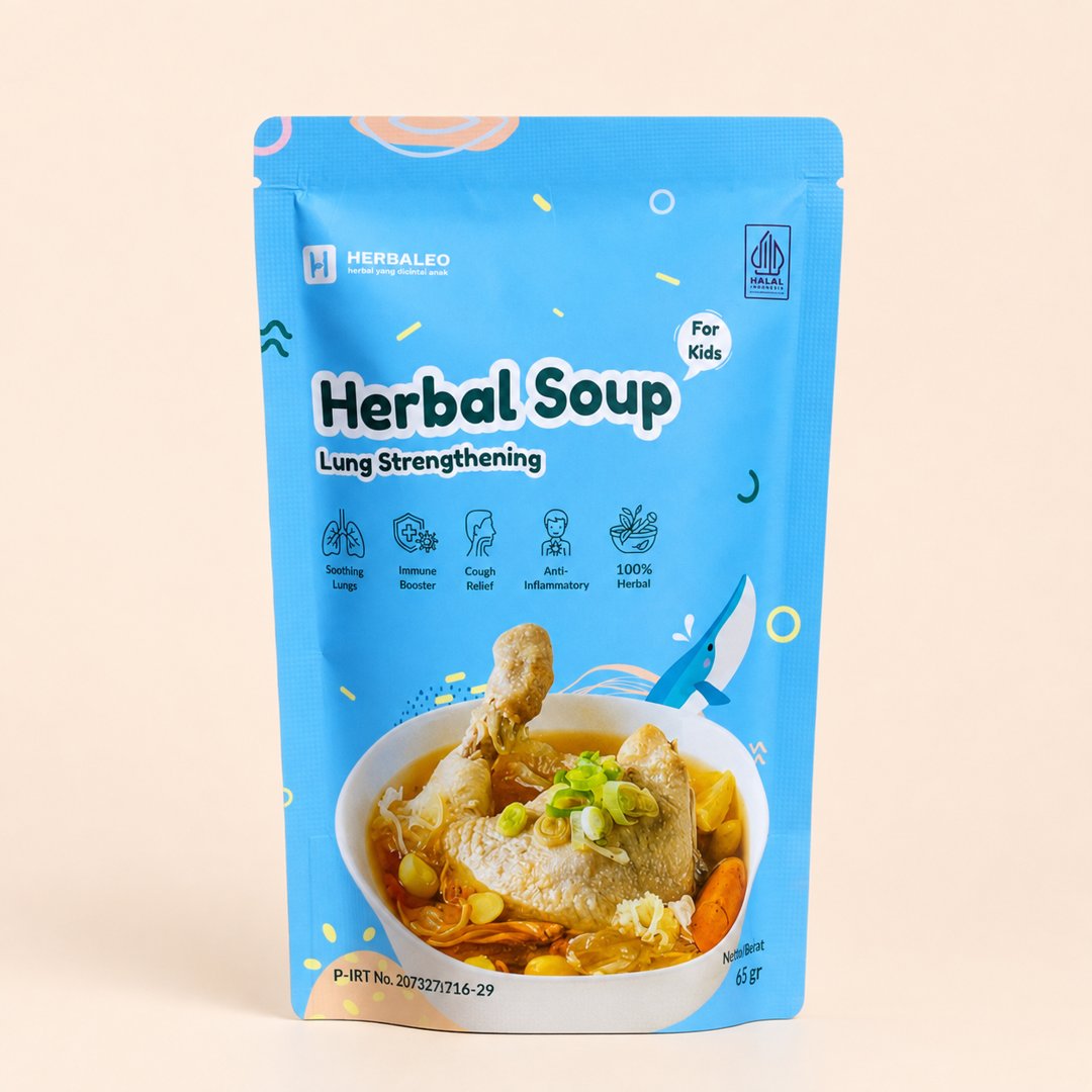 Cover produk Herbaleo Herbal Soup Lung Strengthening For Kids 65g dengan latar krem