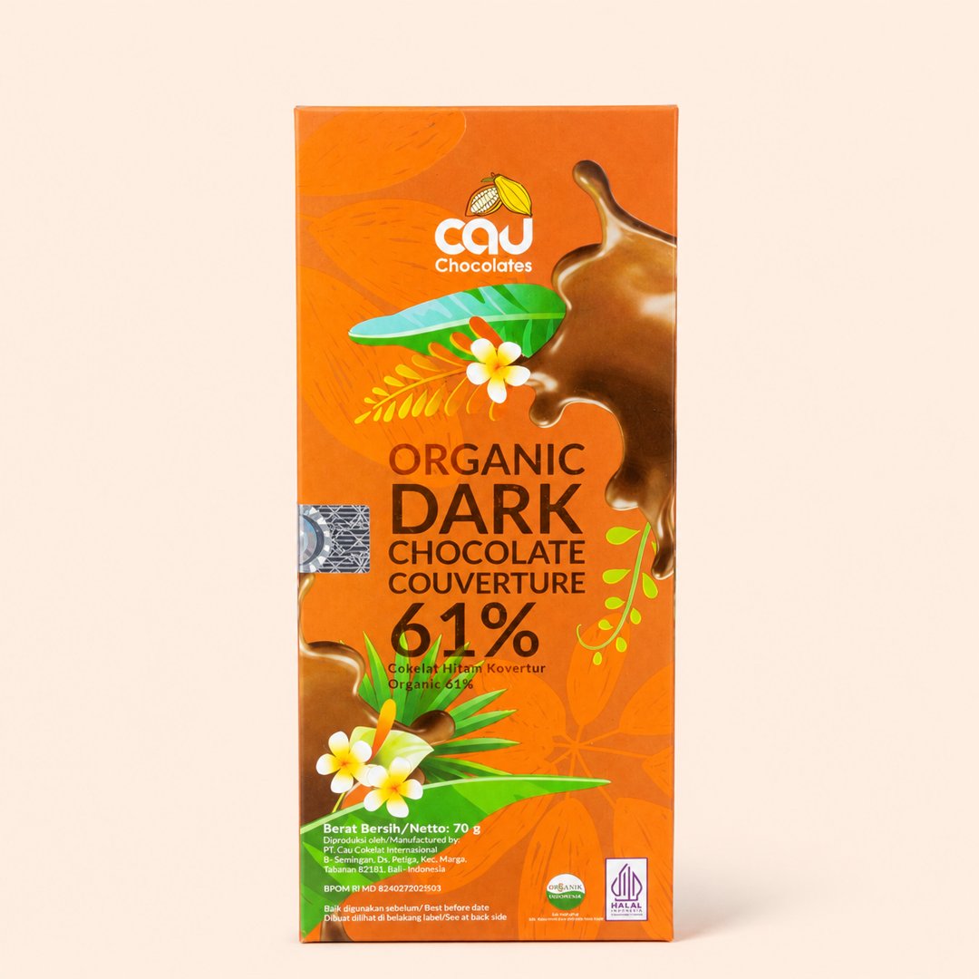 Cover produk Cau Chocolates Organic Dark Chocolate Couverture 61% - 70g dengan latar krem
