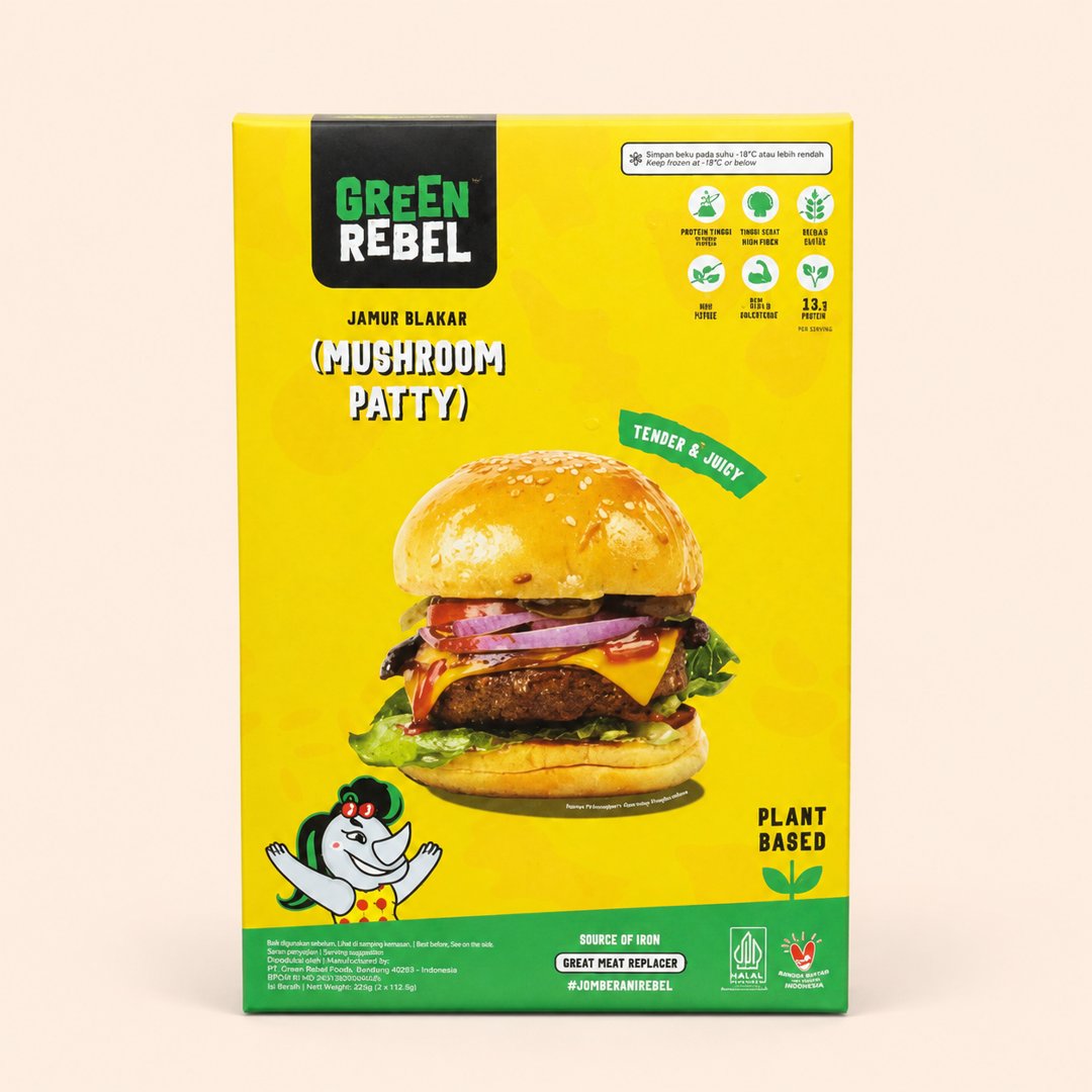 Cover produk Green Rebel Mushroom Patty - Patty Jamur Plant-Based 225g dengan latar krem