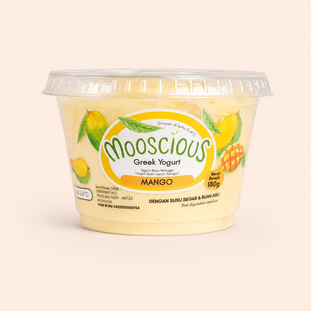 Cover produk Mooscious Greek Yogurt Mango 180g dengan latar krem