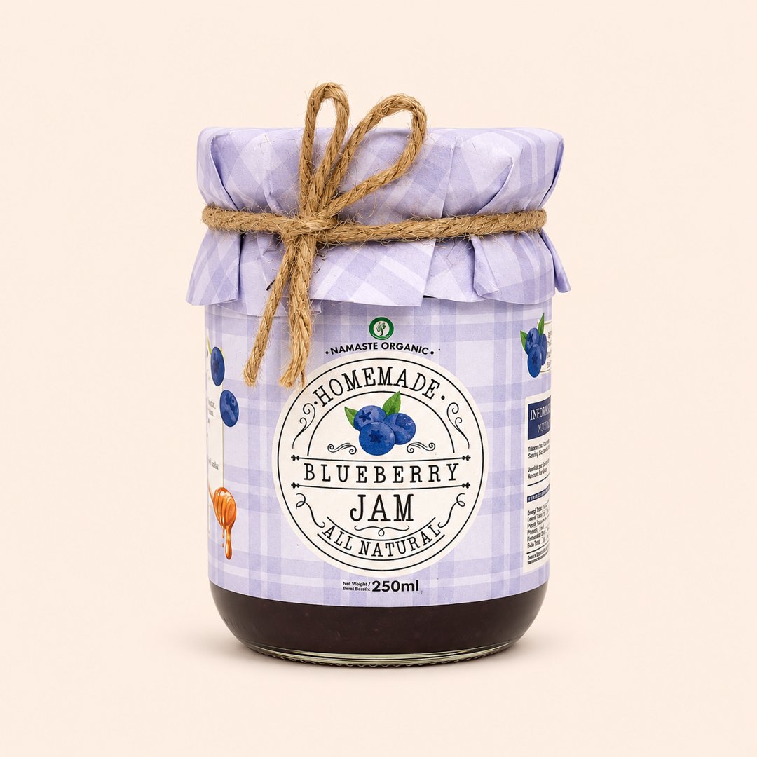 Cover produk Namaste Organic Homemade Blueberry Jam 250ml dengan latar krem