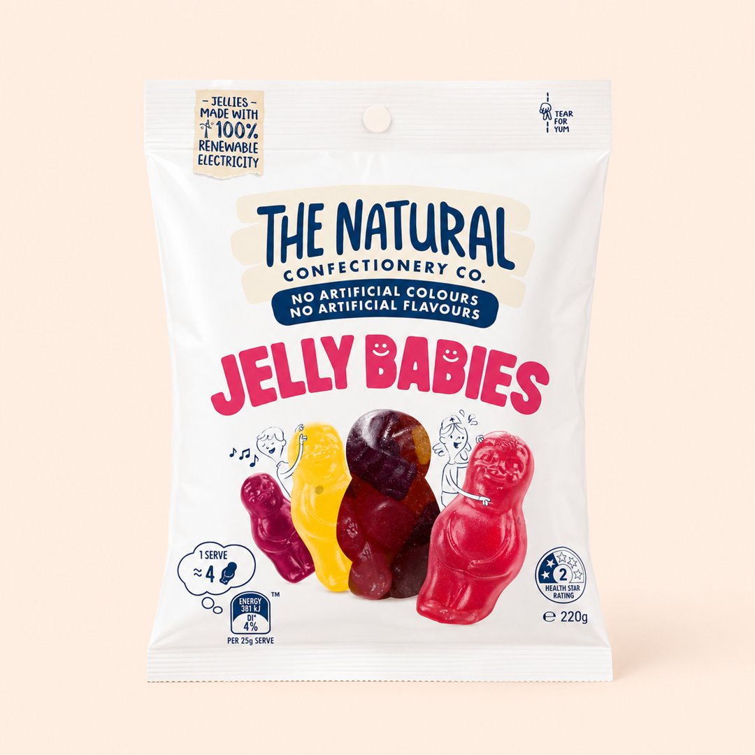Kemasan Jelly Babies 220 gram dengan latar krem.