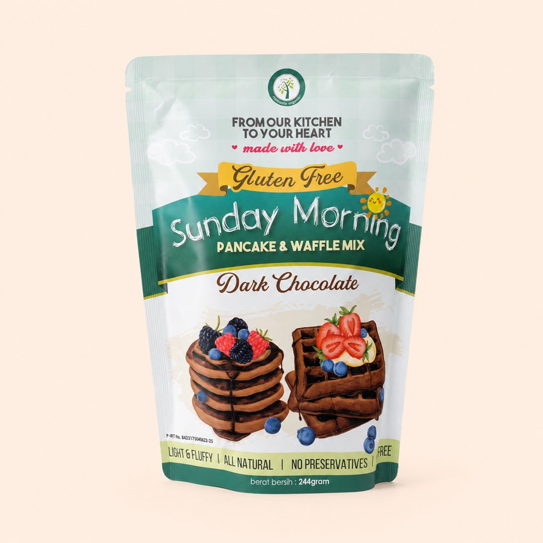 Cover produk Namaste Organic Sunday Morning Pancake & Waffle Mix Dark Chocolate 244g dengan latar krem