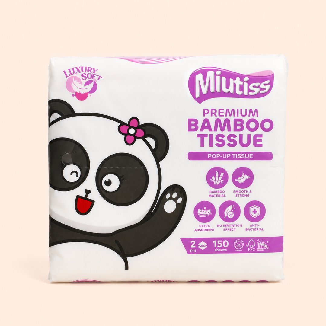 Cover produk Miutiss Premium Bamboo Pop-up Tissue 150 Sheets - Tisu Bambu Anti Bakteri dengan latar krem