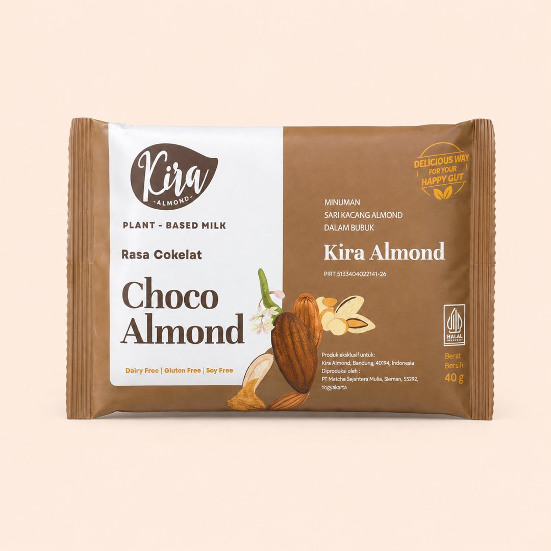Cover produk Kira Almond Choco Almond Milk Powder 40g dengan latar krem