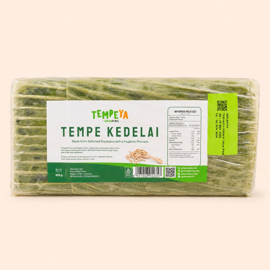 Cover produk Tempeya Green Rebel - Tempe Kedelai Daun Pisang 450g dengan latar krem