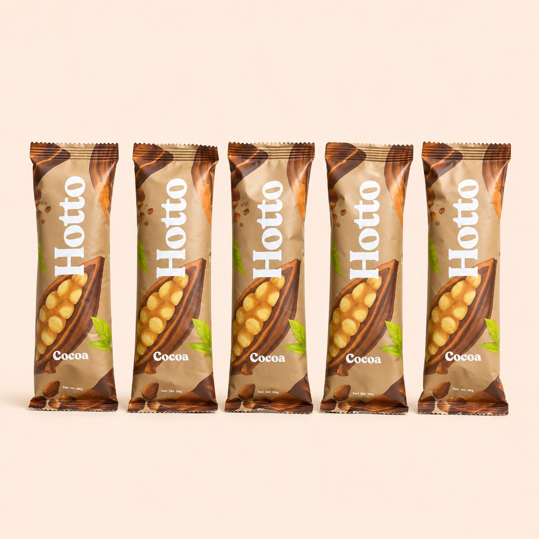 Lima sachet Hotto Cocoa Multigrain Oat dengan latar krem.