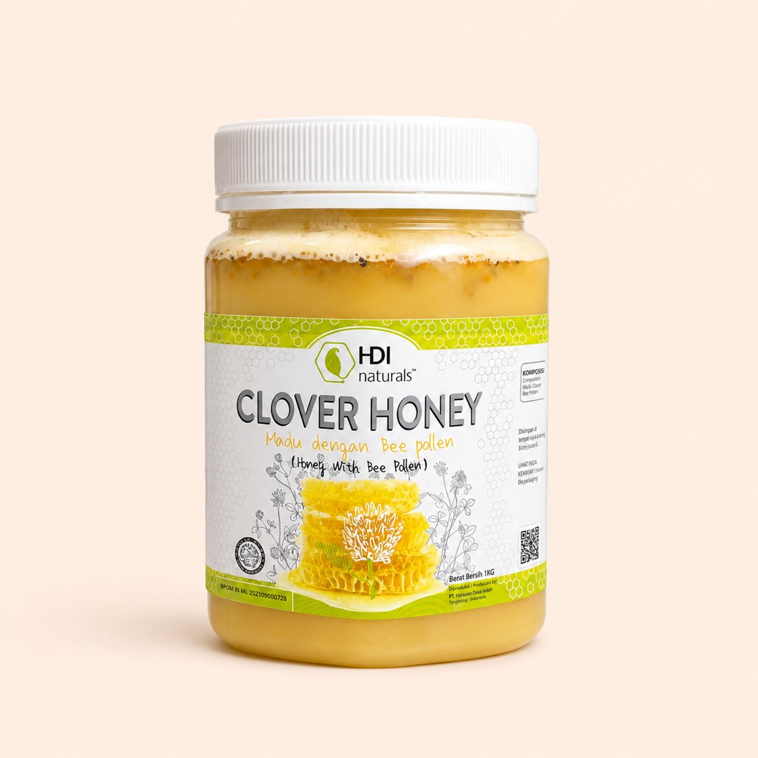 Cover produk HDI Naturals Clover Honey with Bee Pollen - 1kg dengan latar krem