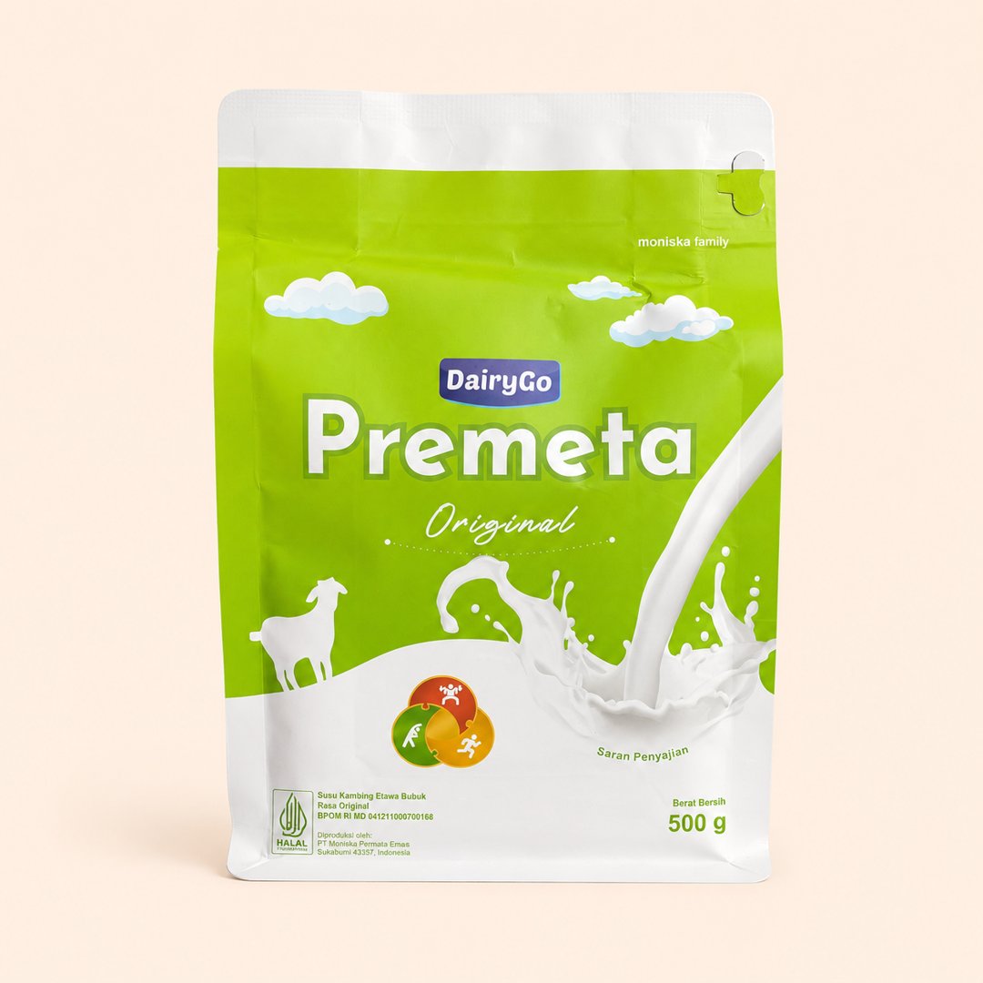 Cover produk DairyGo Premeta Original Susu Kambing Etawa 500g dengan latar krem