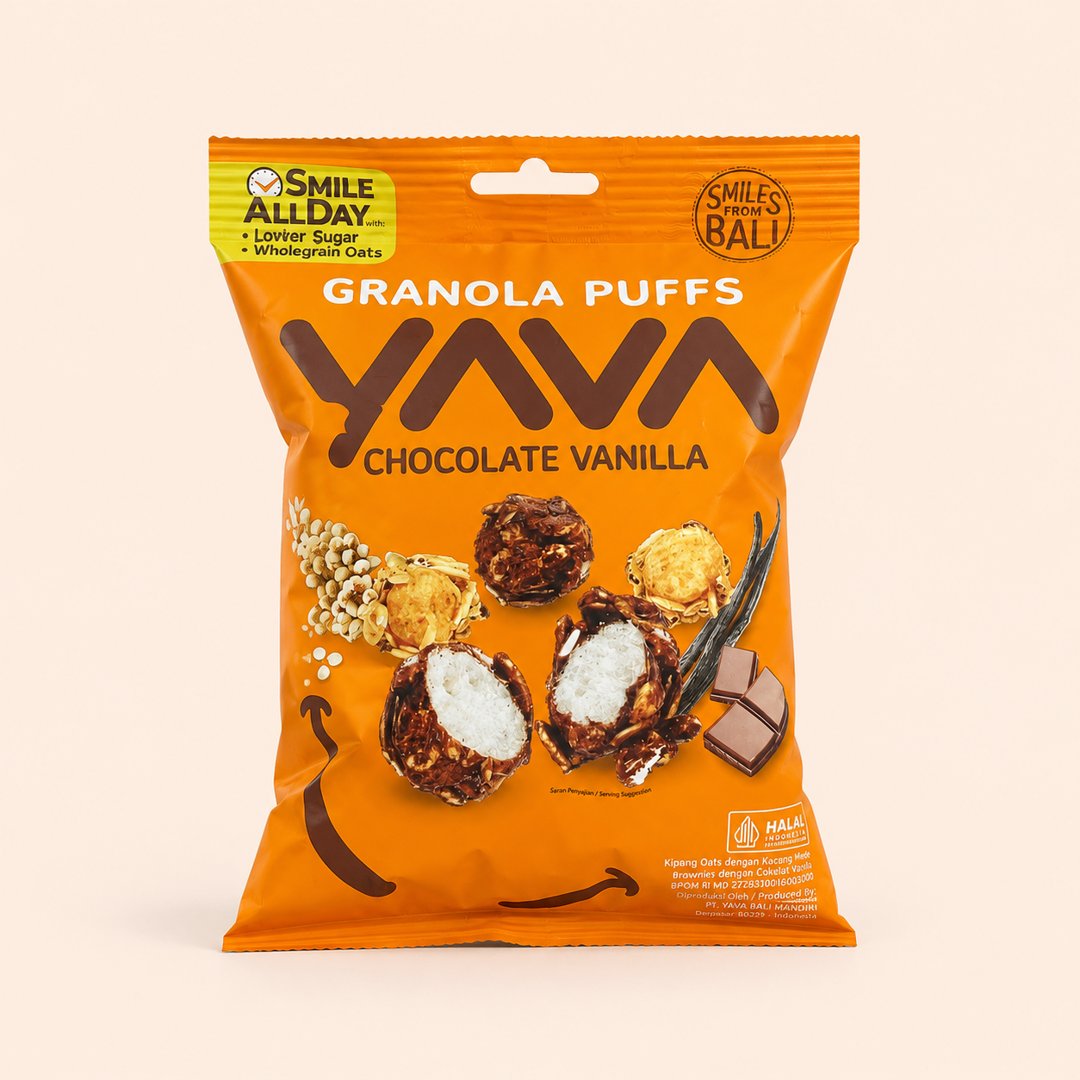 Cover produk Yava Granola Puffs Chocolate Vanilla 35g dengan latar krem