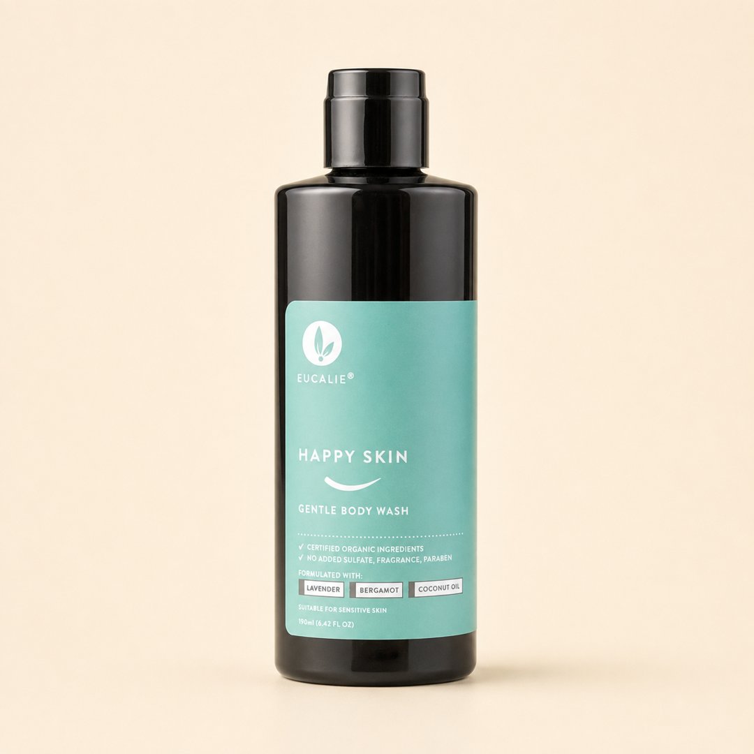 Cover produk Eucalie Happy Skin Gentle Body Wash 190ml dengan latar krem
