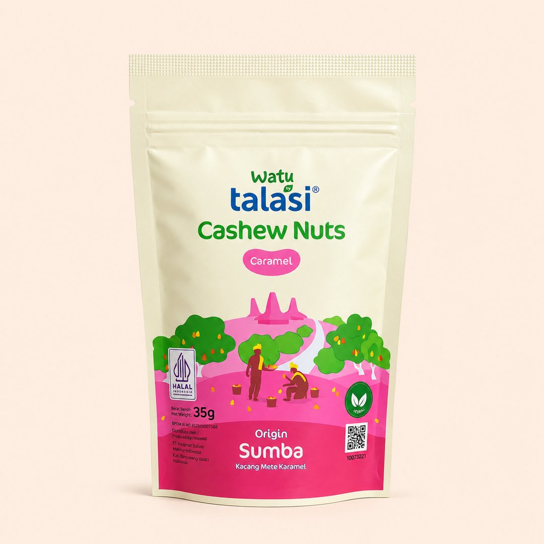 Cover produk Watu Sumba Cashew Nuts Caramel 35g - Talasi dengan latar krem