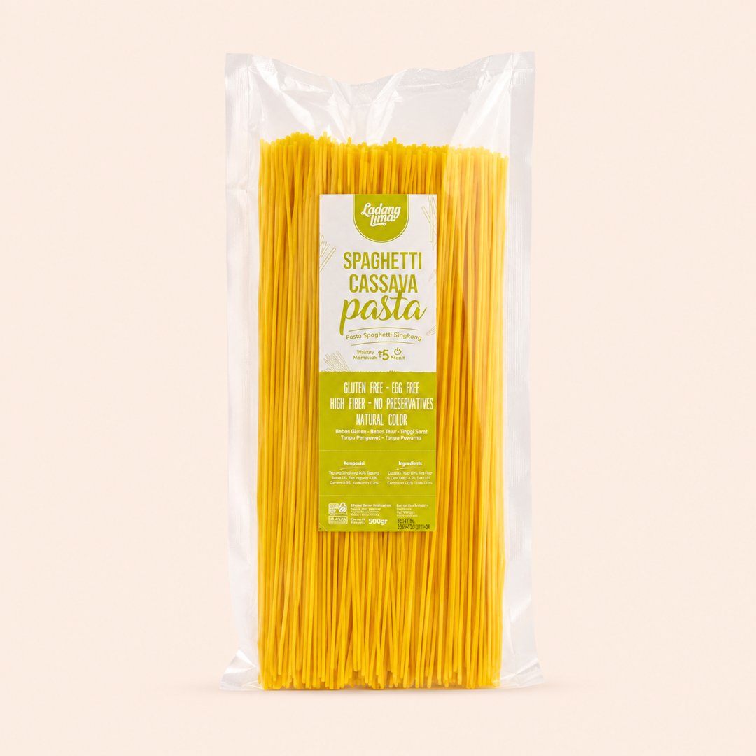 Cover produk Ladang Lima Spaghetti Cassava Pasta 500g dengan latar krem