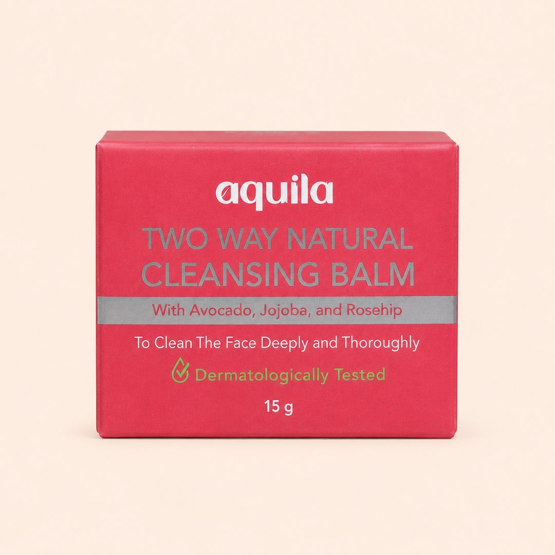 Cover produk Aquila Two Way Natural Cleansing Balm - Avocado, Jojoba & Rosehip (15g) dengan latar krem