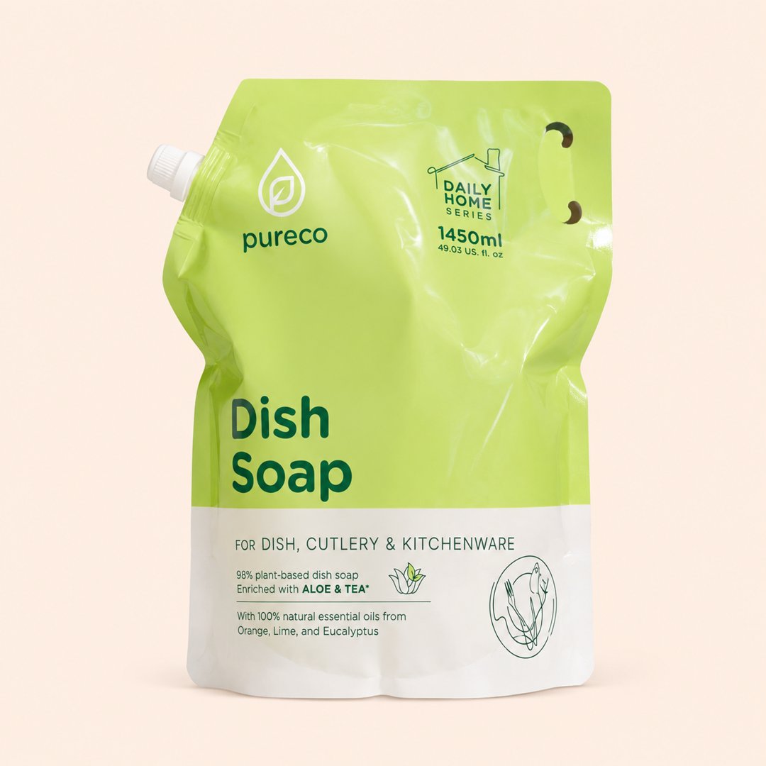 Cover produk Pureco Dish Soap Refill 1450ml - Sabun Cuci Piring Plant Based dengan latar krem