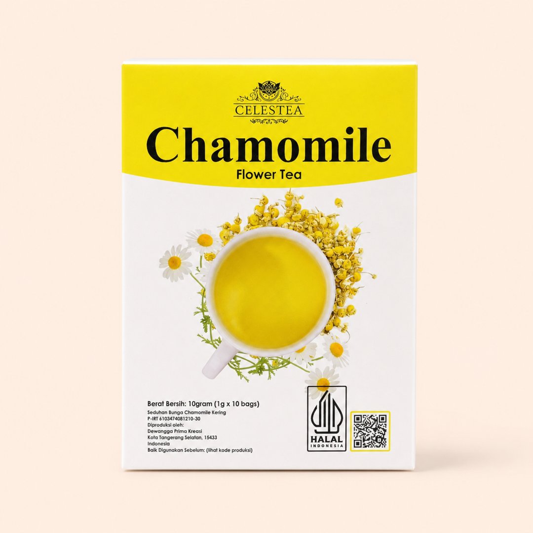Cover produk Celestea Chamomile Flower Tea - 10 Tea Bags dengan latar krem