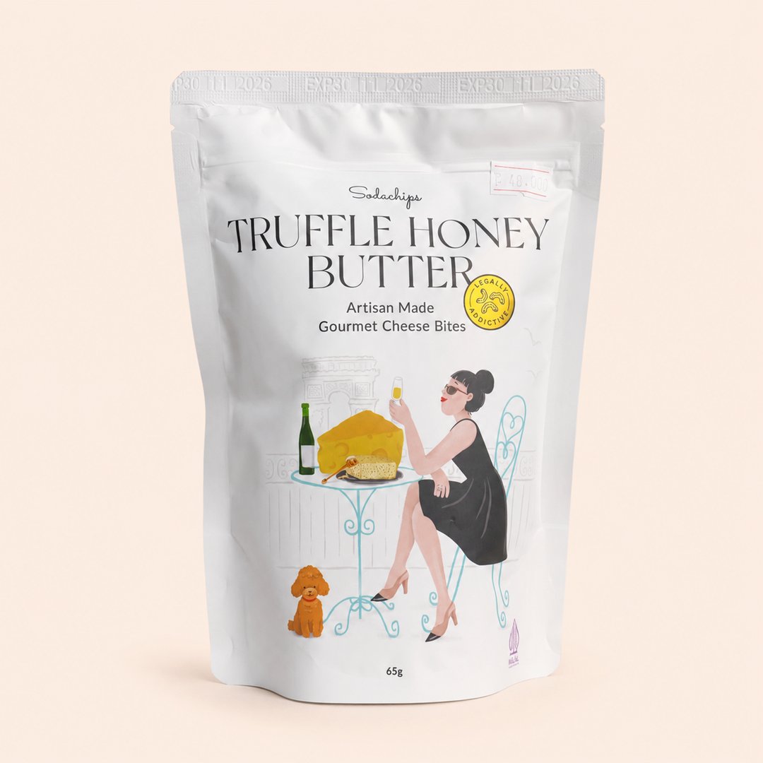 Cover produk Sodachips Truffle Honey Butter Gourmet Cheese Bites 65g dengan latar krem