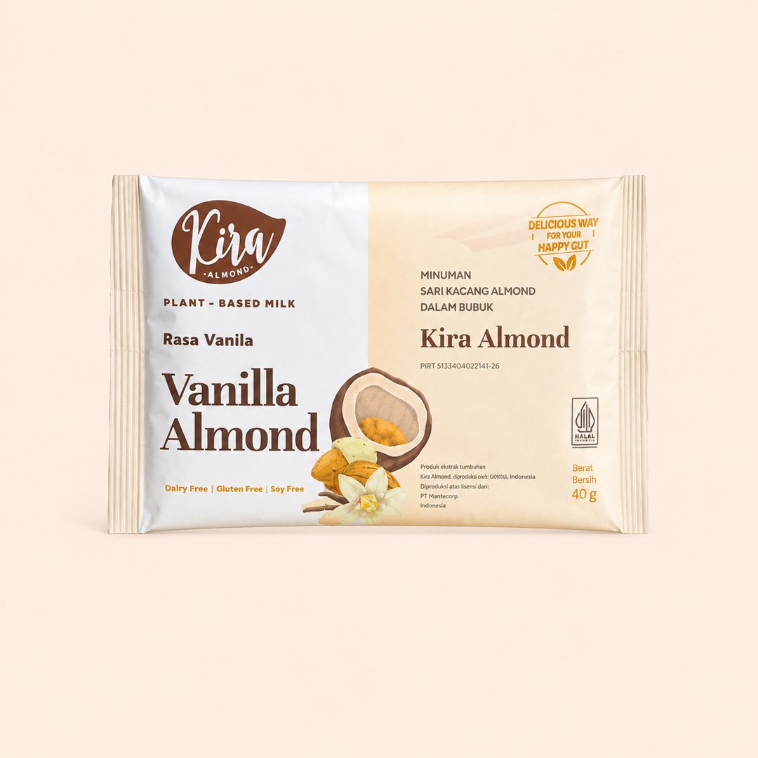 Cover produk Kira Almond Vanilla Powder 40g dengan latar krem