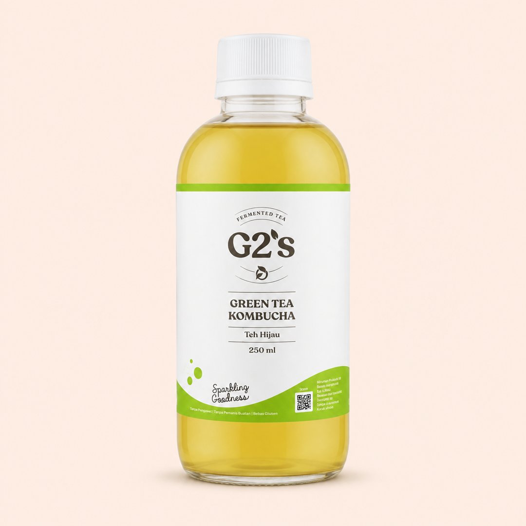 Cover produk G2S Green Tea Kombucha - Minuman Probiotik Alami 250ml dengan latar krem