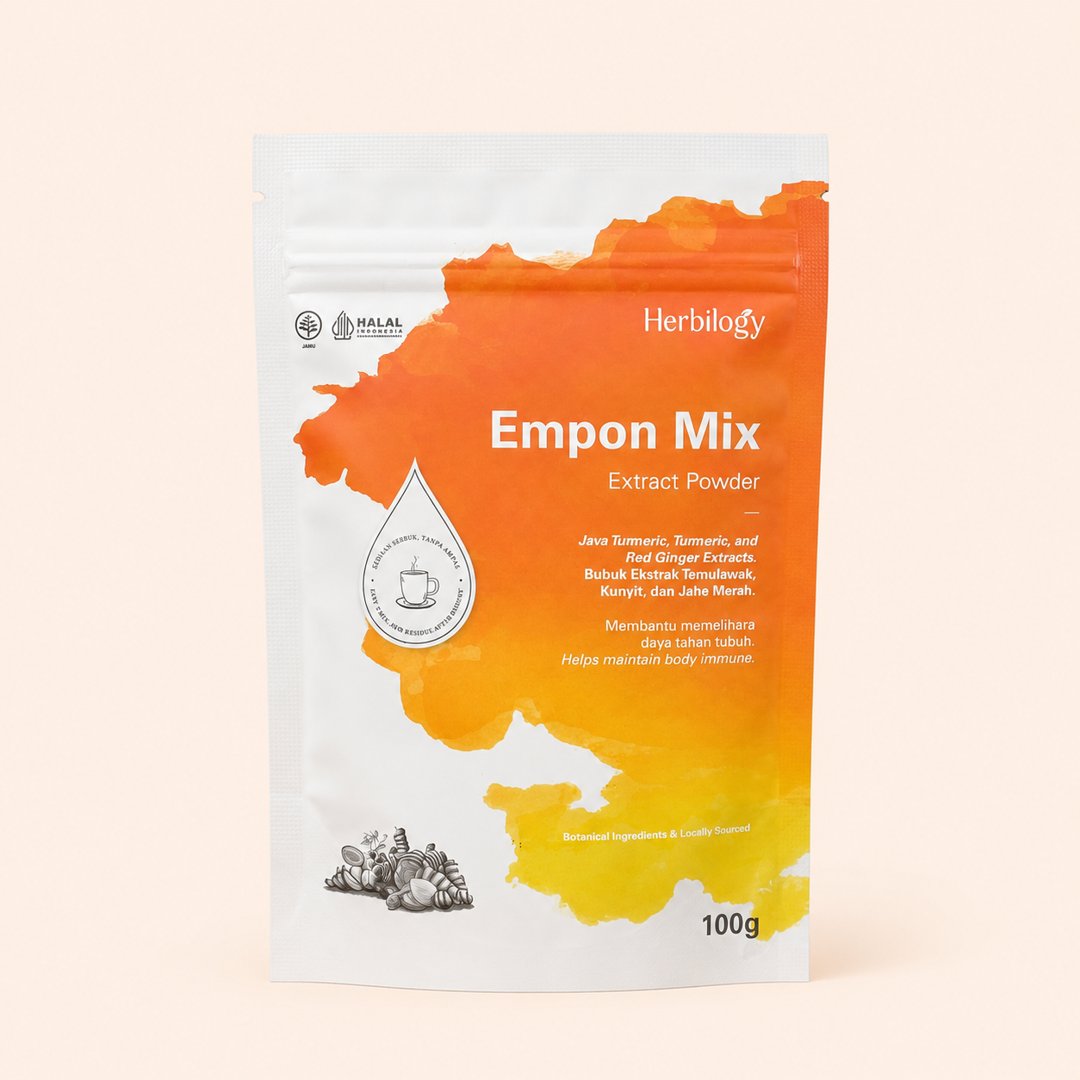 Cover produk Herbilogy Empon Mix Extract Powder 100g dengan latar krem