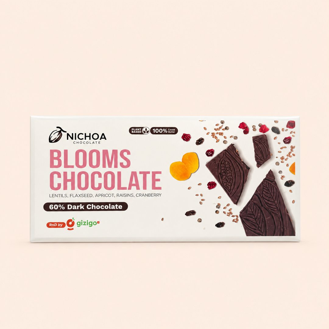 Cover produk Nichoa Blooms Chocolate 60% Dark Chocolate with Superfood 35g dengan latar krem