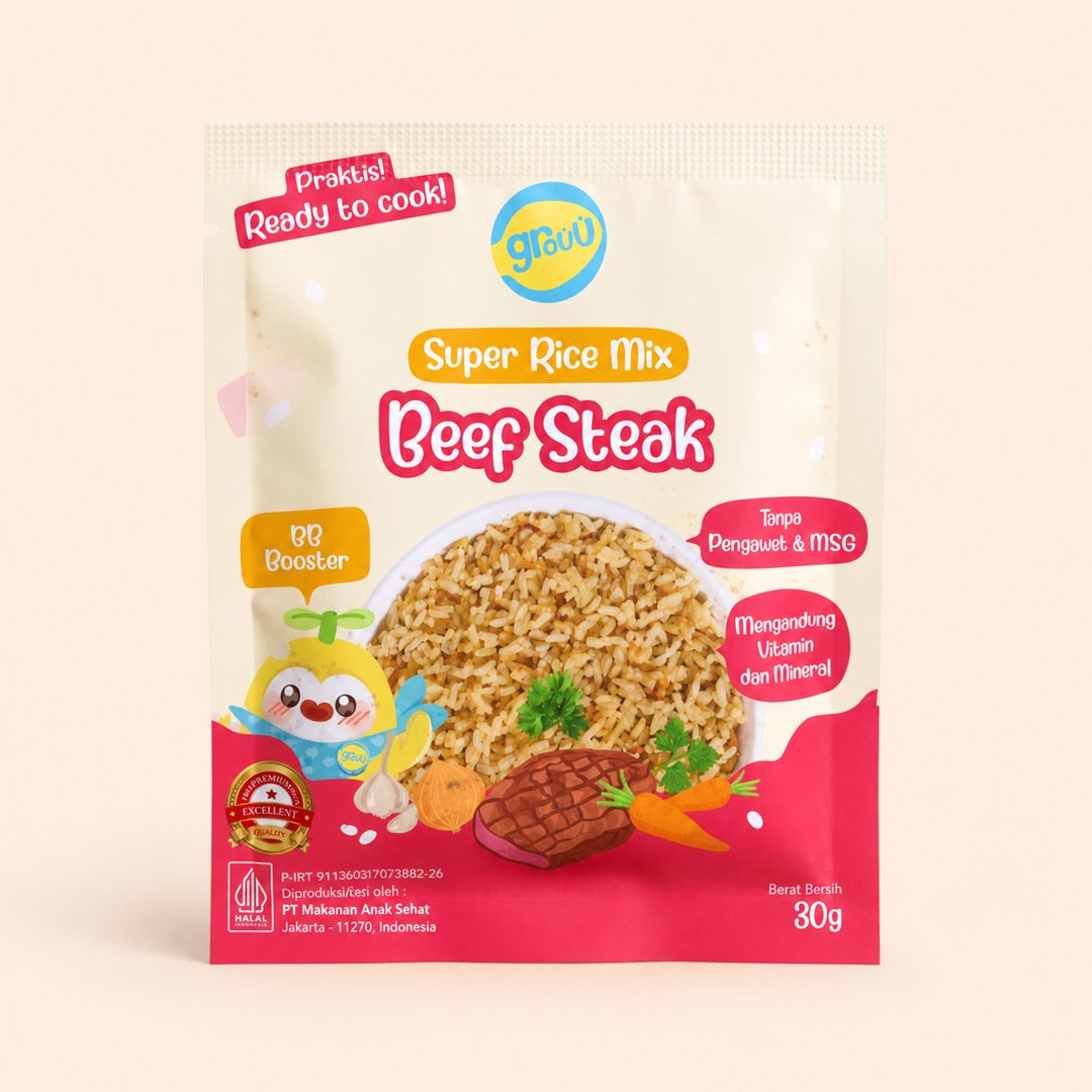 Cover produk Grouu Super Rice Mix Beef Steak 30g - MPASI BB Booster dengan latar krem