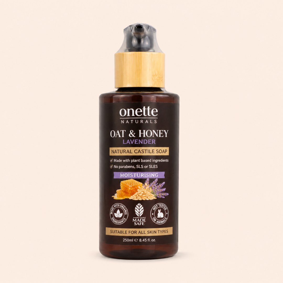 Cover produk Onette Oat & Honey Lavender Natural Castile Soap 250ml dengan latar krem